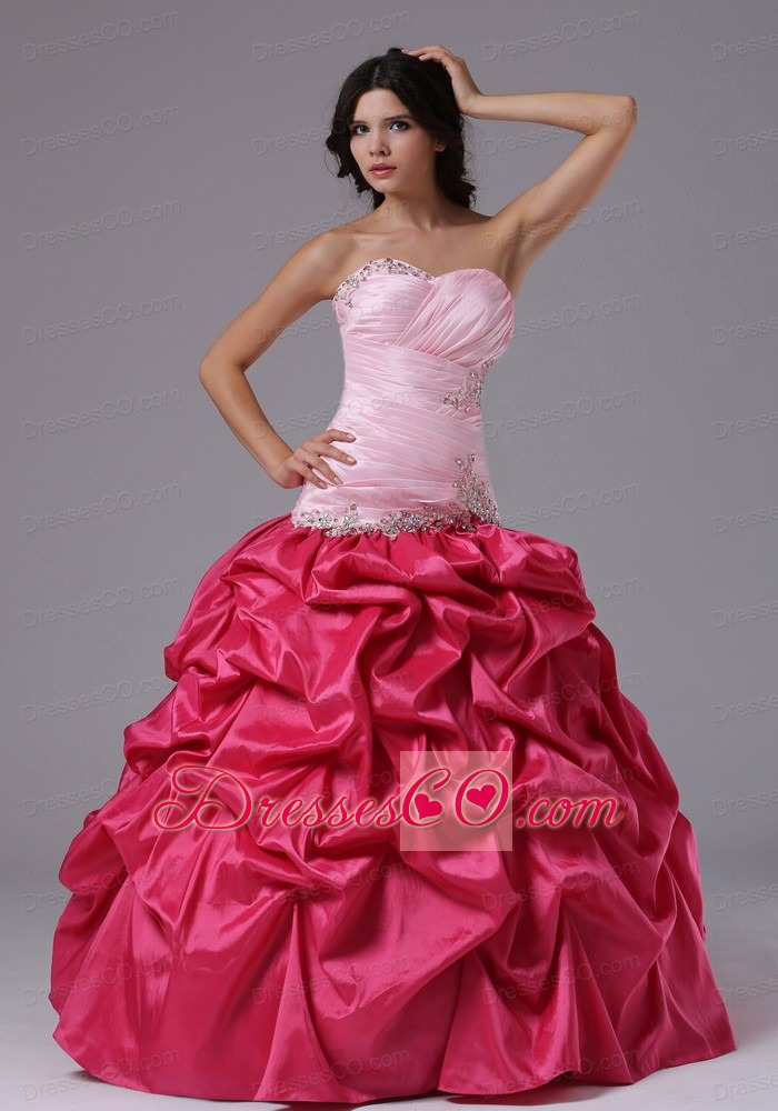Coral Red and Rose Pink Ruched Bodice Beading Prom Gown Dresses