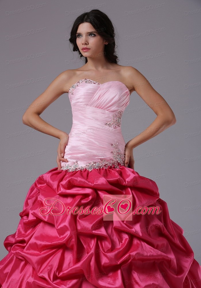Coral Red and Rose Pink Ruched Bodice Beading Prom Gown Dresses
