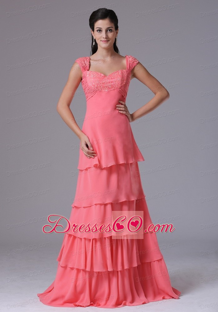 Watermelon Ruffled Layers Square Column Stylish Prom Dress With Appliques