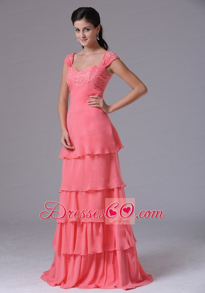 Watermelon Ruffled Layers Square Column Stylish Prom Dress With Appliques