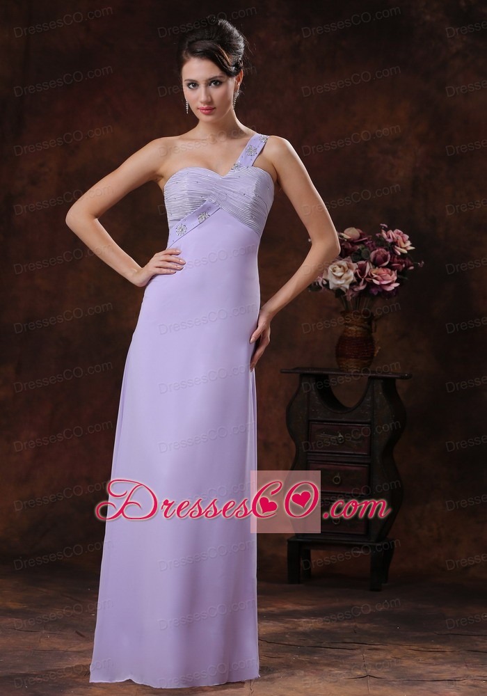 Lilac Peach Springs Beaded Decorate Shoulder Prom Dress