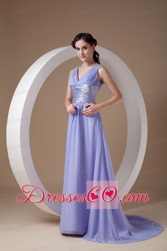 Custom Made Lilac Empire V-neck Ruched Brush Train Chiffon Evening Dress