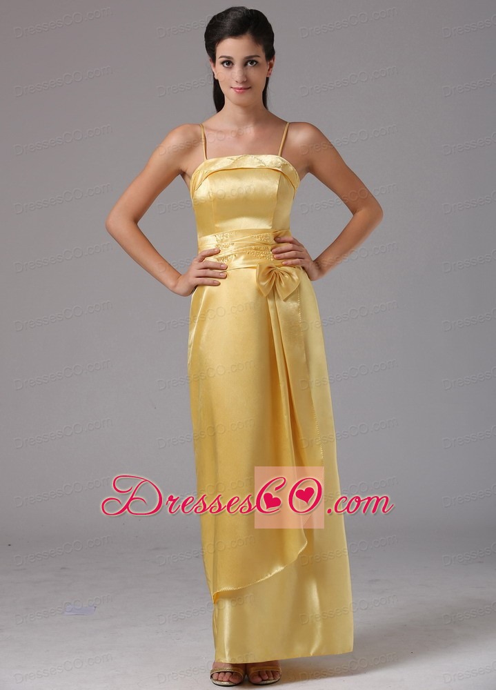 Yellow Column spaghetti Straps Prom Dress With Bow