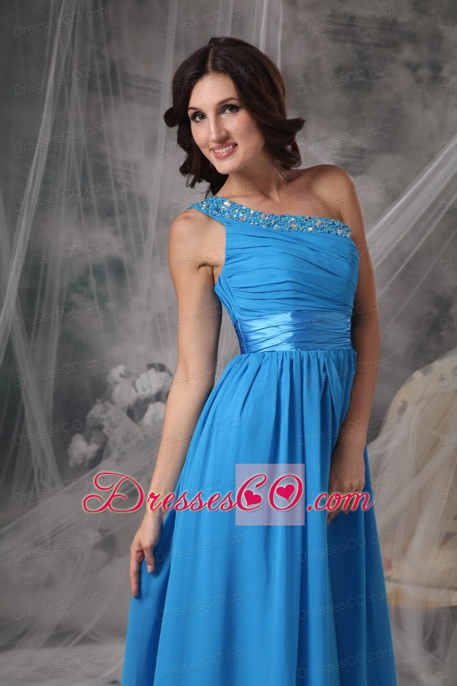 Elegant  Sky Blue One Shoulder Chiffon Beading Prom Dress