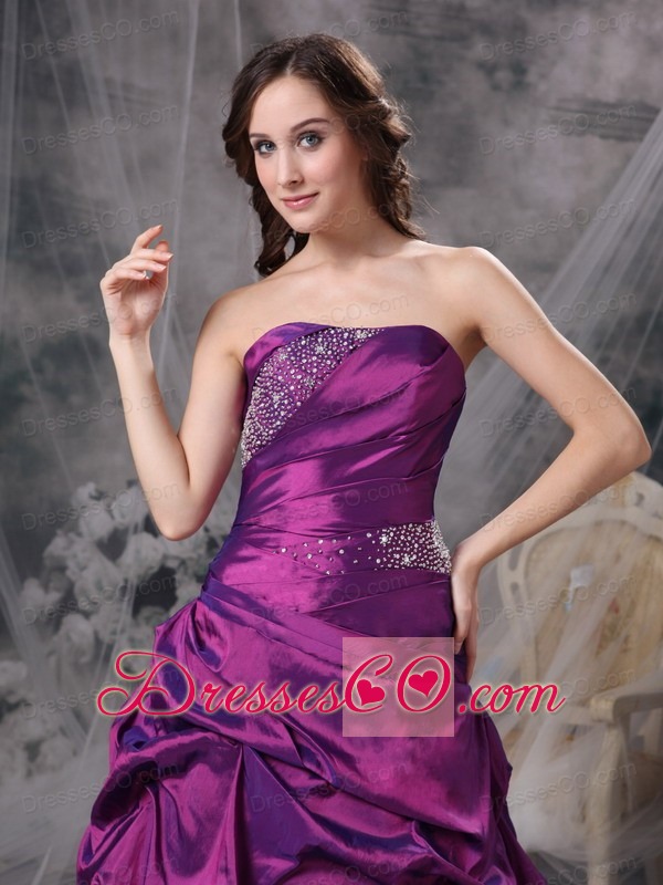 Classical Purple A-line Strapless  Taffeta Beading Prom Gown