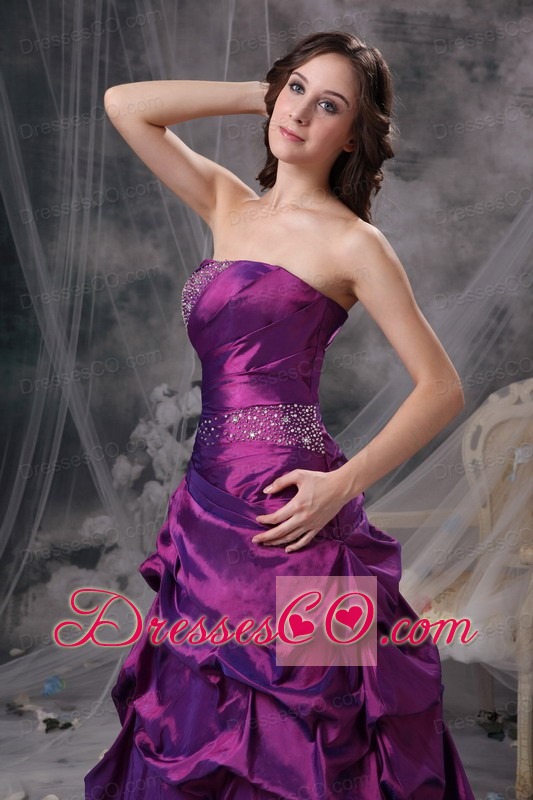 Classical Purple A-line Strapless  Taffeta Beading Prom Gown