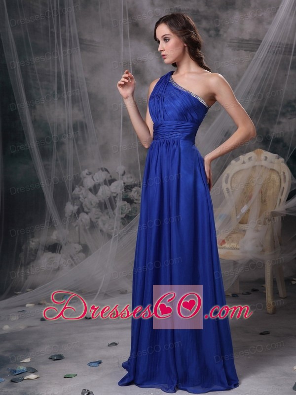 Popular Royal Blue Empire One Shoulder Prom Dress Chiffon Beading Brush Train
