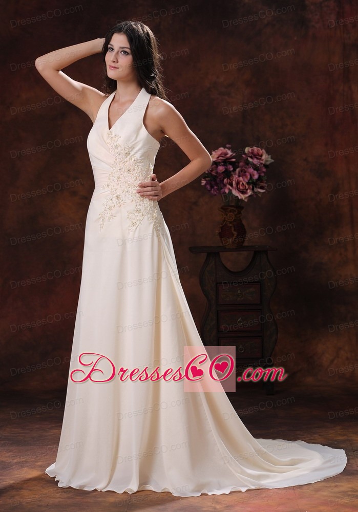 Halter Champagne Appliques Decorate Prom Dress With Brush Train