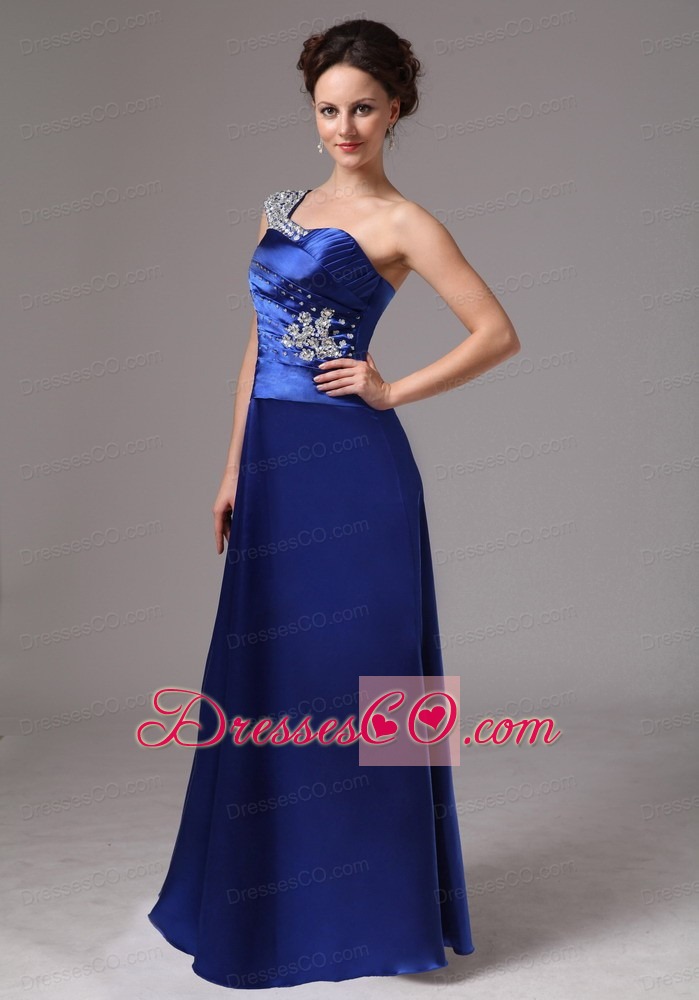 Custom Made Royal Blue Beaded One Shoulder Ruched  Evening / Prom Dress For