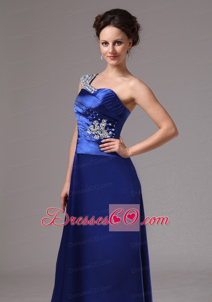 Custom Made Royal Blue Beaded One Shoulder Ruched  Evening / Prom Dress For