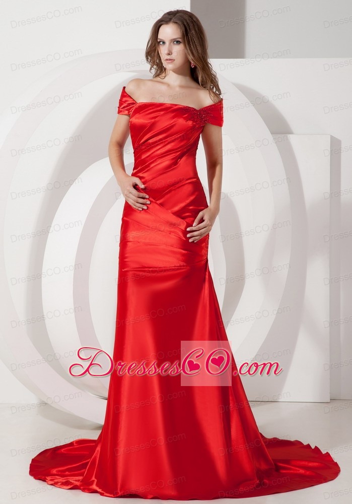 Modest Wine Red Off The Shoulder Ruched Court Train Evening Dress