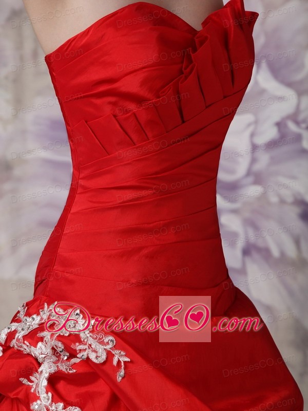 Custom Made Red A-line Quinceanera Dress Taffeta Appliques Brush Train