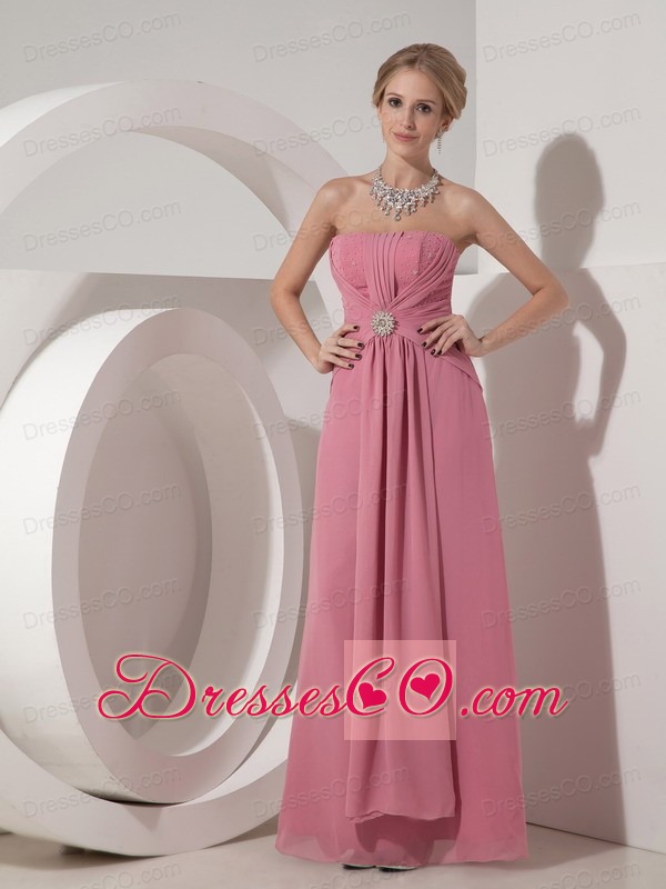 Pretty Dusty Rose Column Strapless Long Chiffon Beading Prom Dress