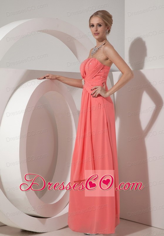 Watermelon Red Strapless Chiffon Prom Dress with Beading