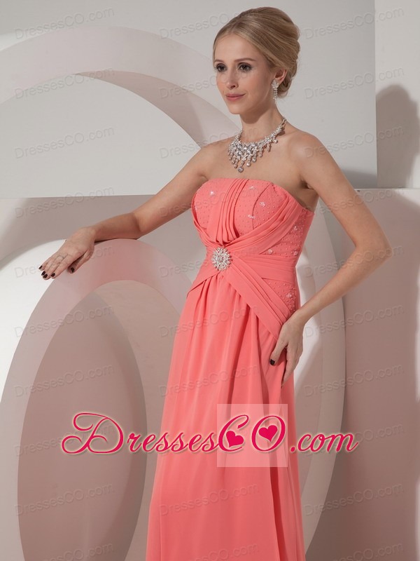 Watermelon Red Strapless Chiffon Prom Dress with Beading