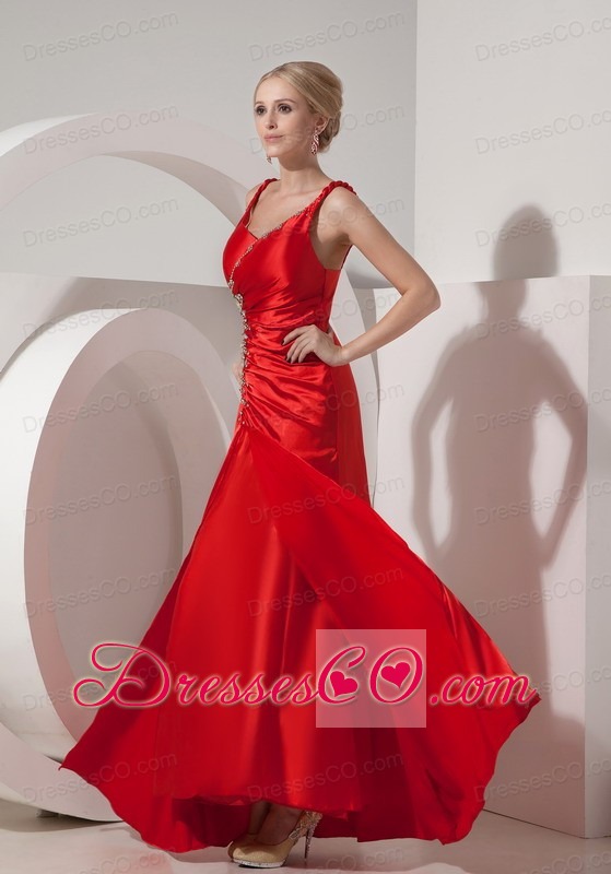 Pretty Red Evening Dress Column Straps Silk Like Satin Beading Long