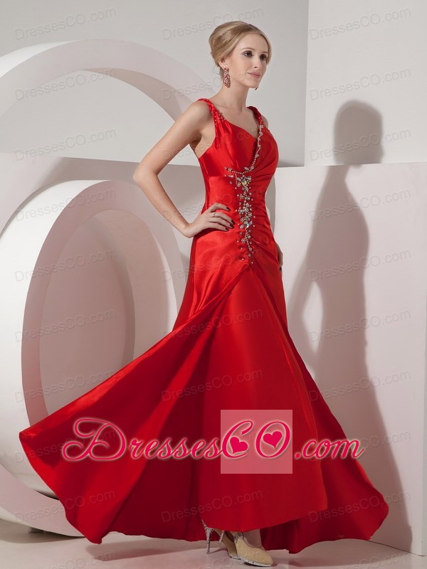 Pretty Red Evening Dress Column Straps Silk Like Satin Beading Long