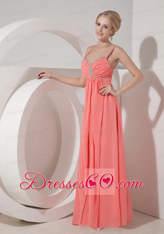 Elegant Watermelon Red Chiffon Straps Prom Dress Beading Long