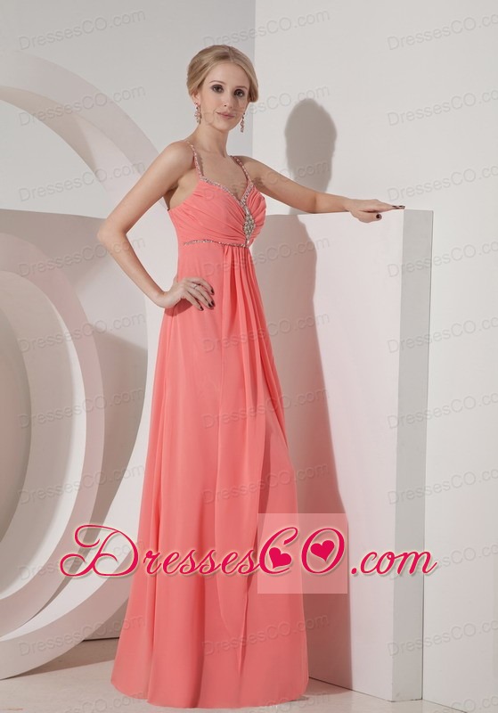 Elegant Watermelon Red Chiffon Straps Prom Dress Beading Long