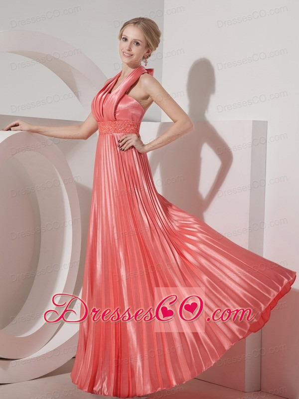 Customize Watermelon Red Evening Dress Column Halter Elastic Woven Satin Beading Long