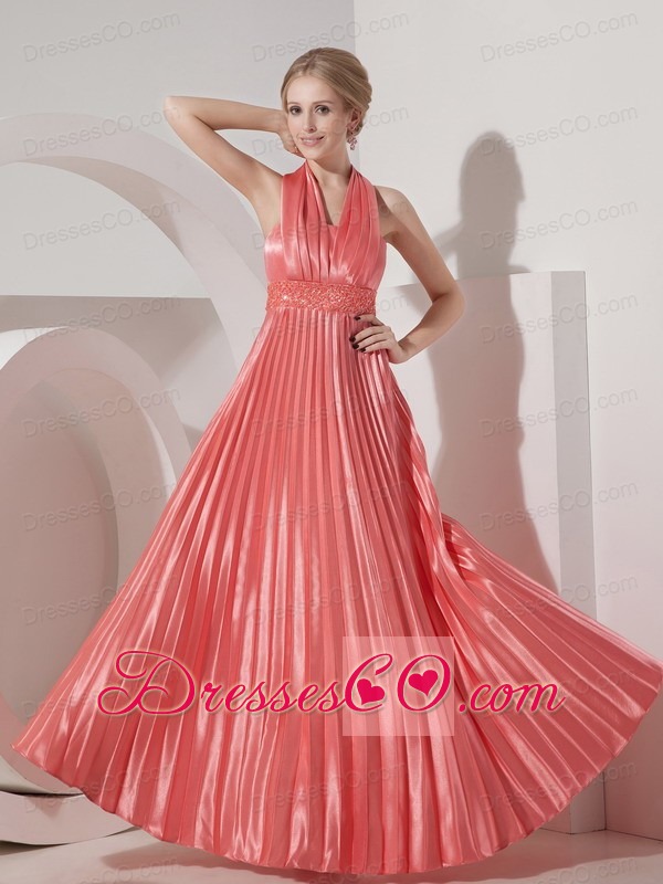 Customize Watermelon Red Evening Dress Column Halter Elastic Woven Satin Beading Long