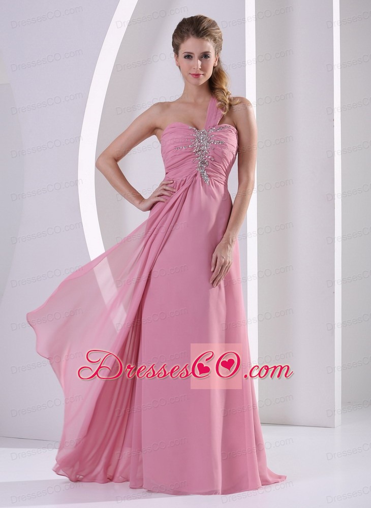 Rose Pink One Shoulder Chiffon Prom / Evening Dress With Beading Decorate Bust