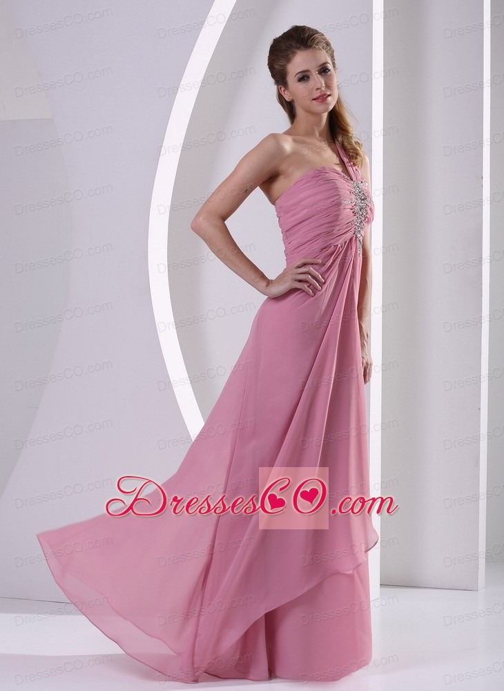 Rose Pink One Shoulder Chiffon Prom / Evening Dress With Beading Decorate Bust