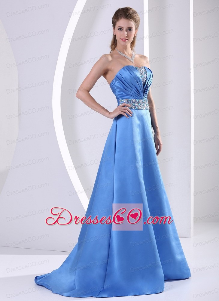 Sky Blue Plus Size Prom / Evening Dress With Beading and Ruching A-line Sweep Train Satin