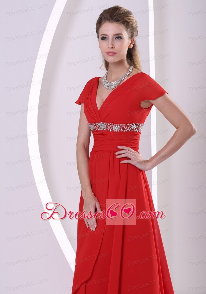 Red Beaded A-line V-neck Chiffon Court Train Prom Dress With Cap Sleeves