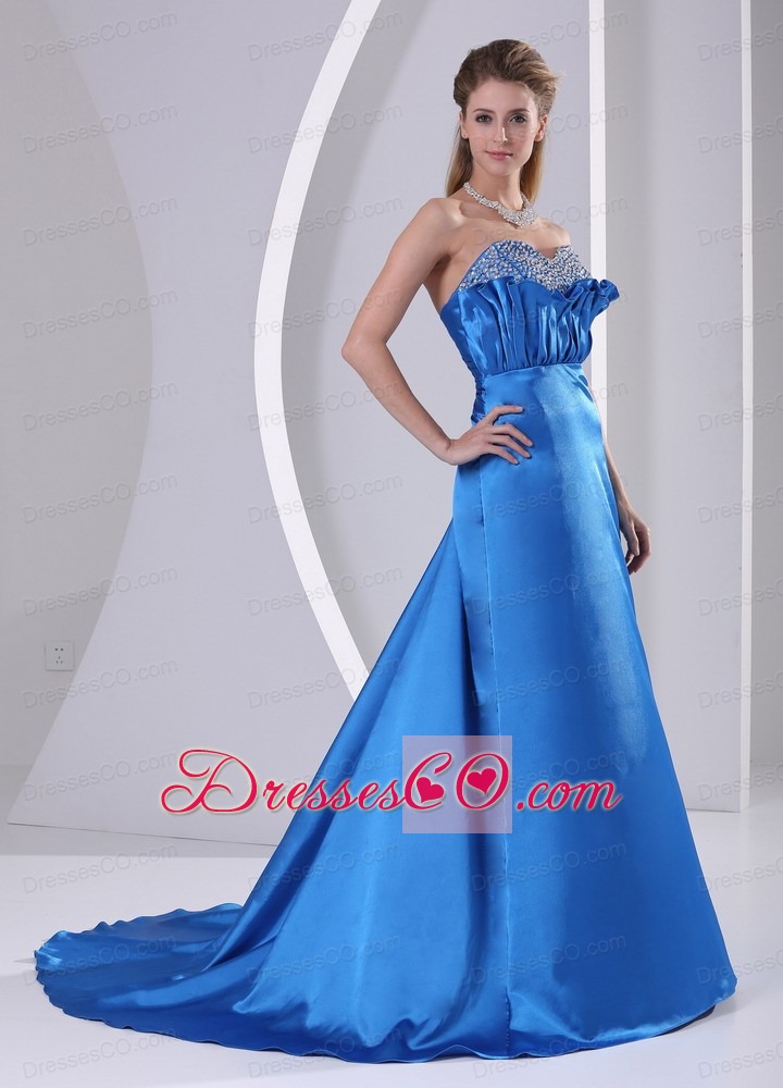 Sky Blue A-line Beaded Modest Dress With Court Train
