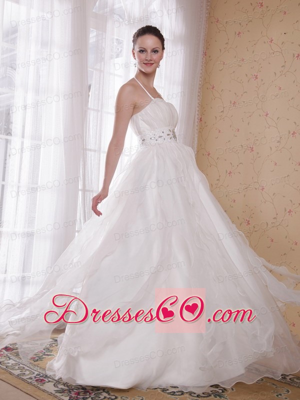 White A-Line / Princess Halter Brush Train Taffeta and Organza Rhinestones Prom Dress