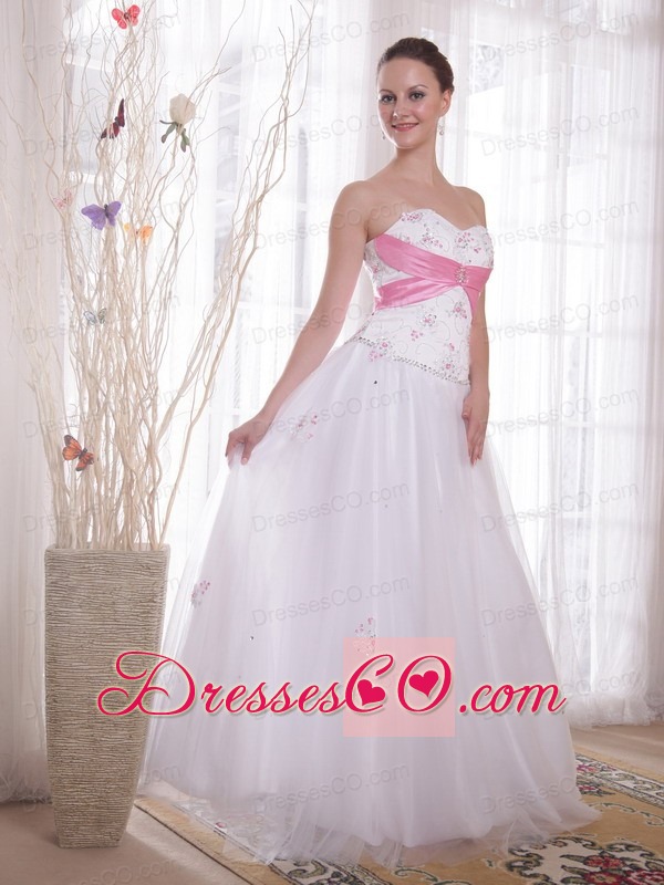 White A-line / Princess Long Tulle And Taffeta Beading And Rhinestones Prom / Evening Dress