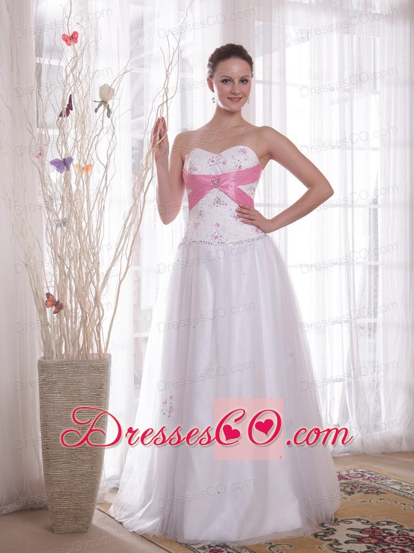 White A-line / Princess Long Tulle And Taffeta Beading And Rhinestones Prom / Evening Dress
