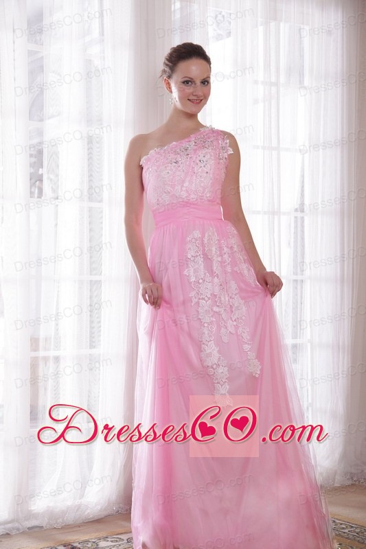 Pink Column / Sheath One Shoulder Long Tulle And Taffeta Embroidery And Rhinestones Prom / Evening Dress