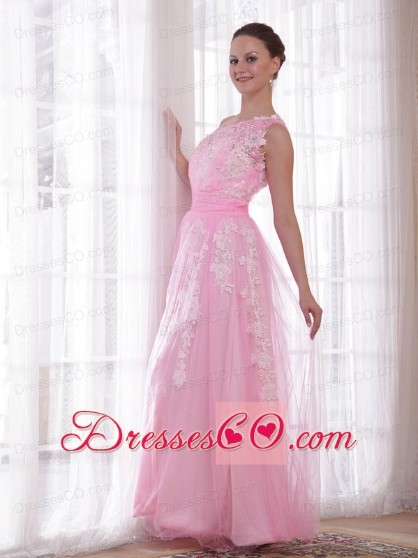 Pink Column / Sheath One Shoulder Long Tulle And Taffeta Embroidery And Rhinestones Prom / Evening Dress