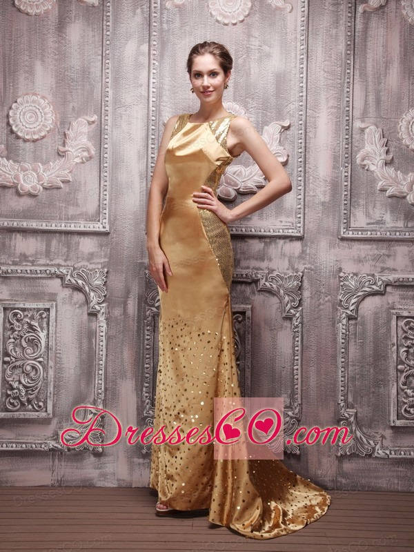 Gold Column Bateau Brush Train Sequin Beading Prom / Evening Dress