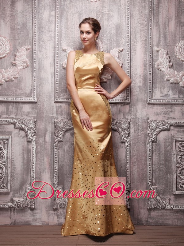 Gold Column Bateau Brush Train Sequin Beading Prom / Evening Dress