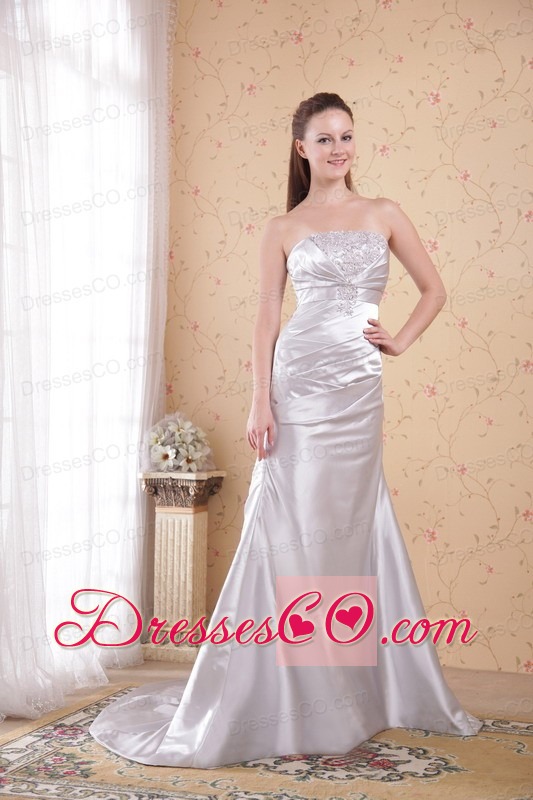 Silver Column Strapless Court Train Appliques and Ruching Prom Dress