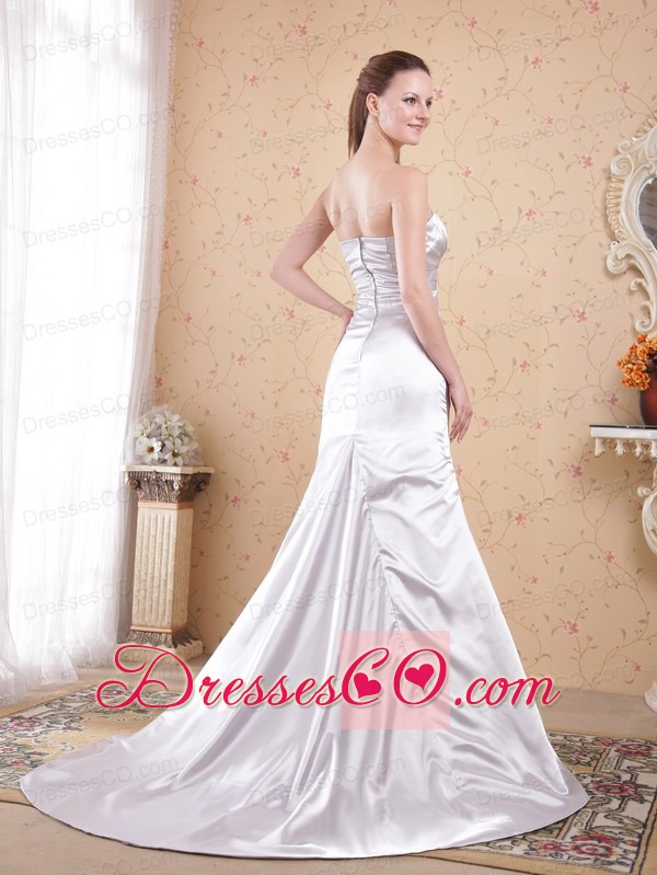 Silver Column Strapless Court Train Appliques and Ruching Prom Dress