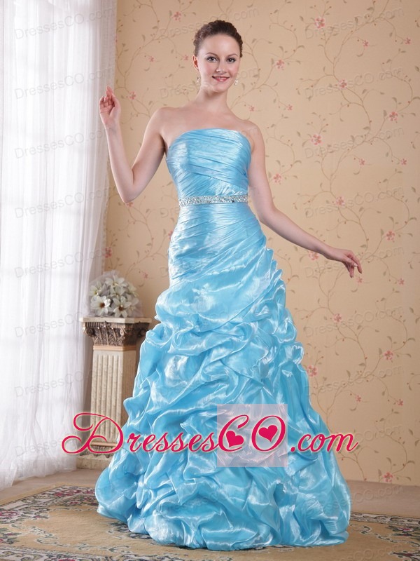 Aqua Blue Column/sheath Strapless Long Organza Beading Prom Dress