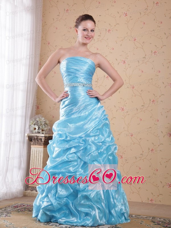 Aqua Blue Column/sheath Strapless Long Organza Beading Prom Dress