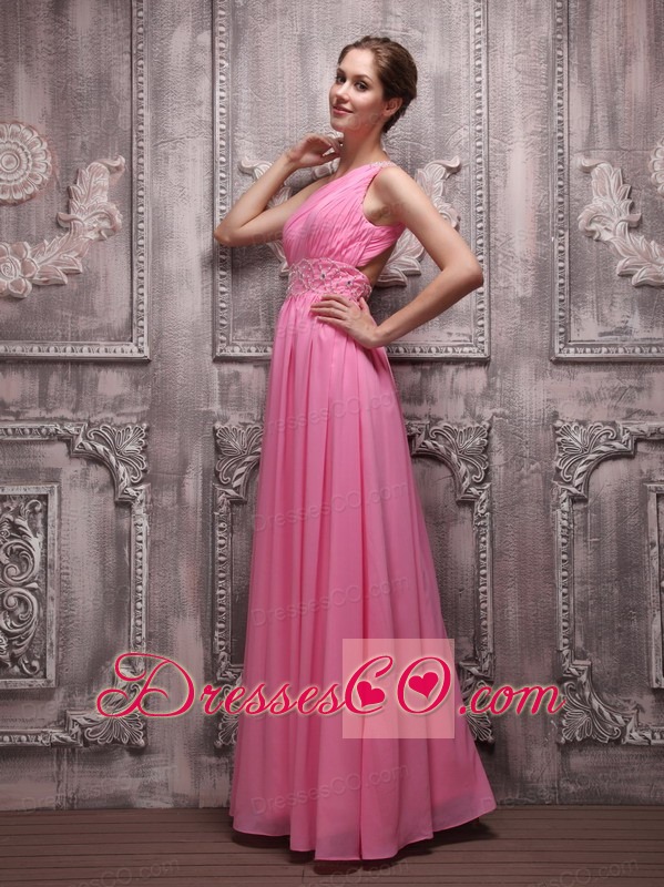 Rose Pink Empire One Shoulder Long Chiffon Beading Prom / Evening Dress