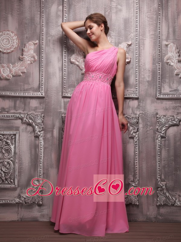 Rose Pink Empire One Shoulder Long Chiffon Beading Prom / Evening Dress