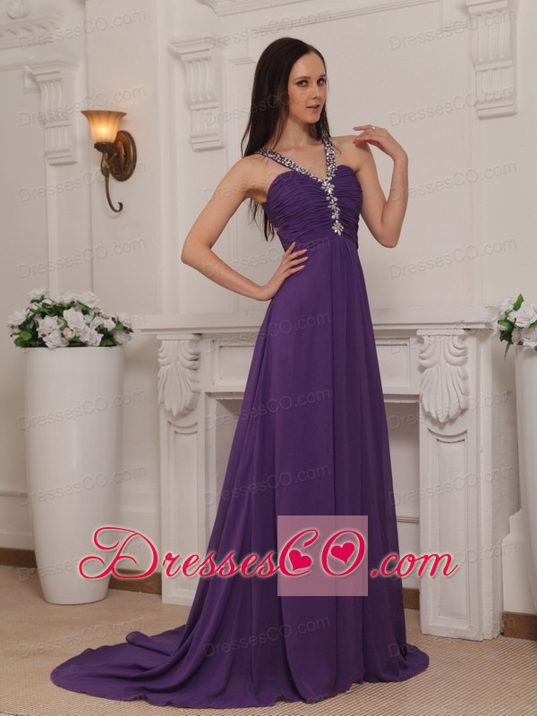 Purple Empire V-neck Brush Train Chiffon Beading and Ruched Prom / Pageant Dress