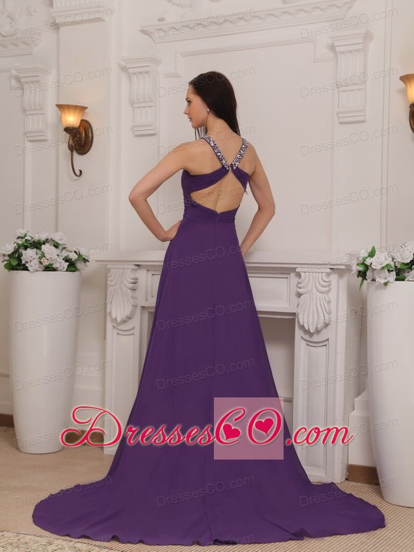 Purple Empire V-neck Brush Train Chiffon Beading and Ruched Prom / Pageant Dress