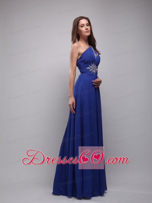 Blue Empire One Shoulder Long Chiffon Beading Prom Dress