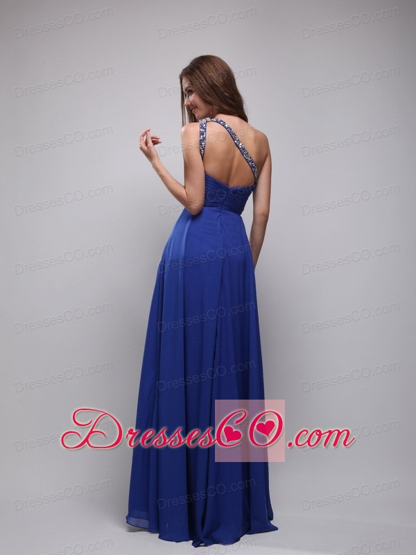Blue Empire One Shoulder Long Chiffon Beading Prom Dress