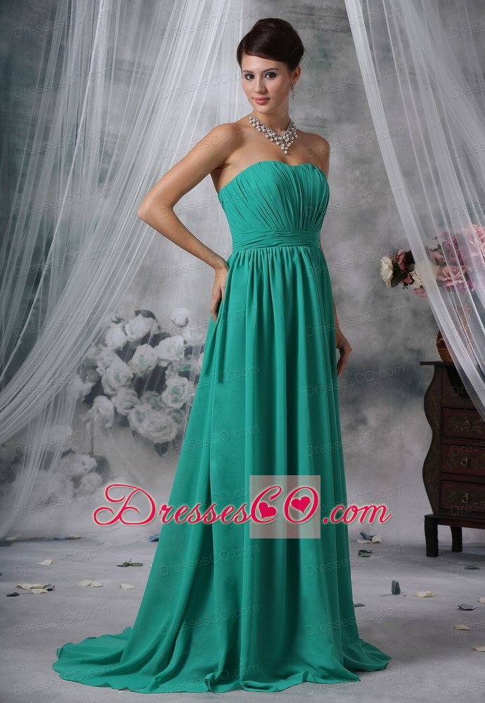 Ruched Decorate Bodice Brush Train Turquoise Blue Chiffon Strapless Plus Size Prom / Evening Dress For 2013
