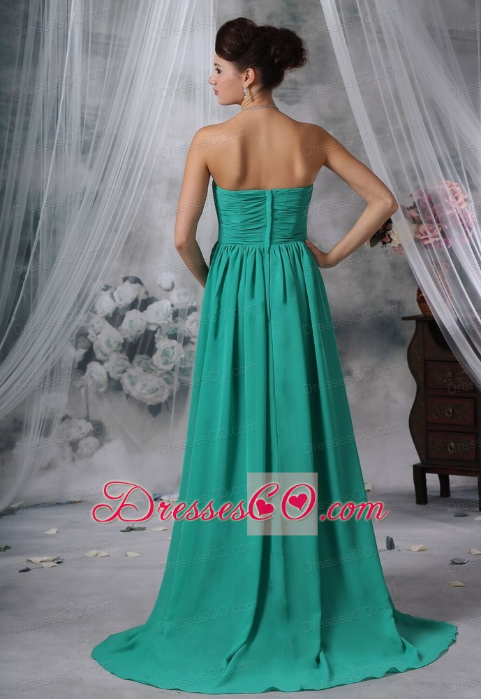 Ruched Decorate Bodice Brush Train Turquoise Blue Chiffon Strapless Plus Size Prom / Evening Dress For 2013