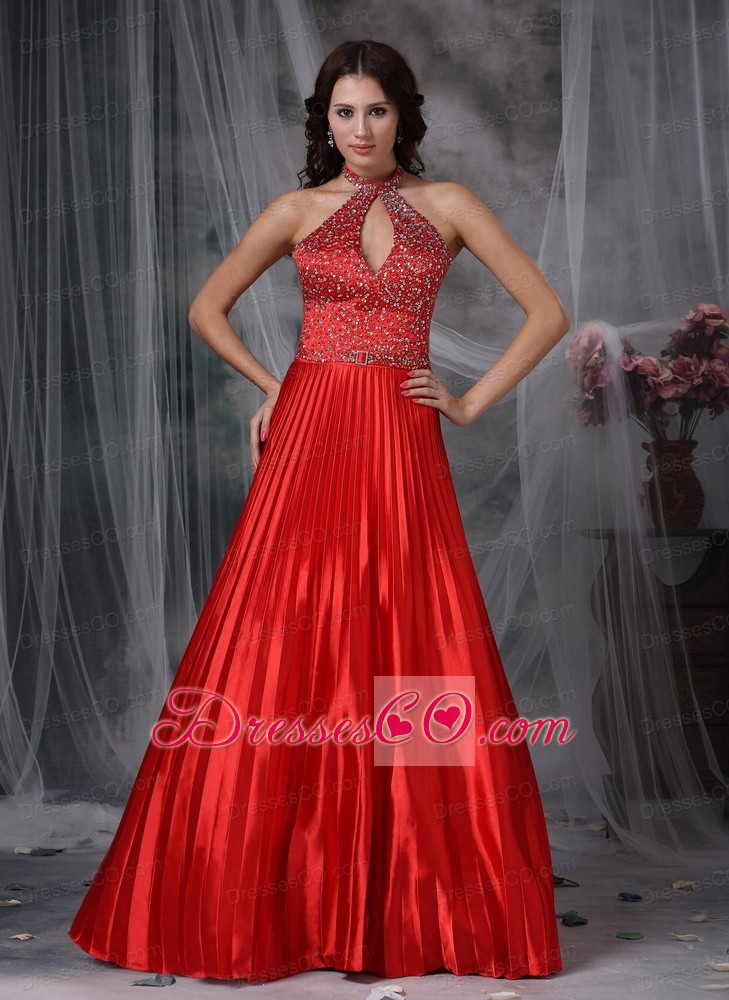 Red A-line High-low Long Elastic Woven Satin Beading Prom Dress